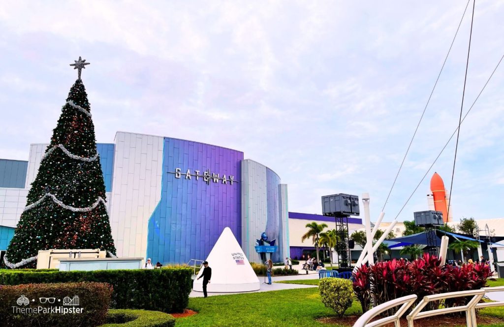 Holidays in Space at Kennedy Space Center Florida Gateway building with Christmas tree