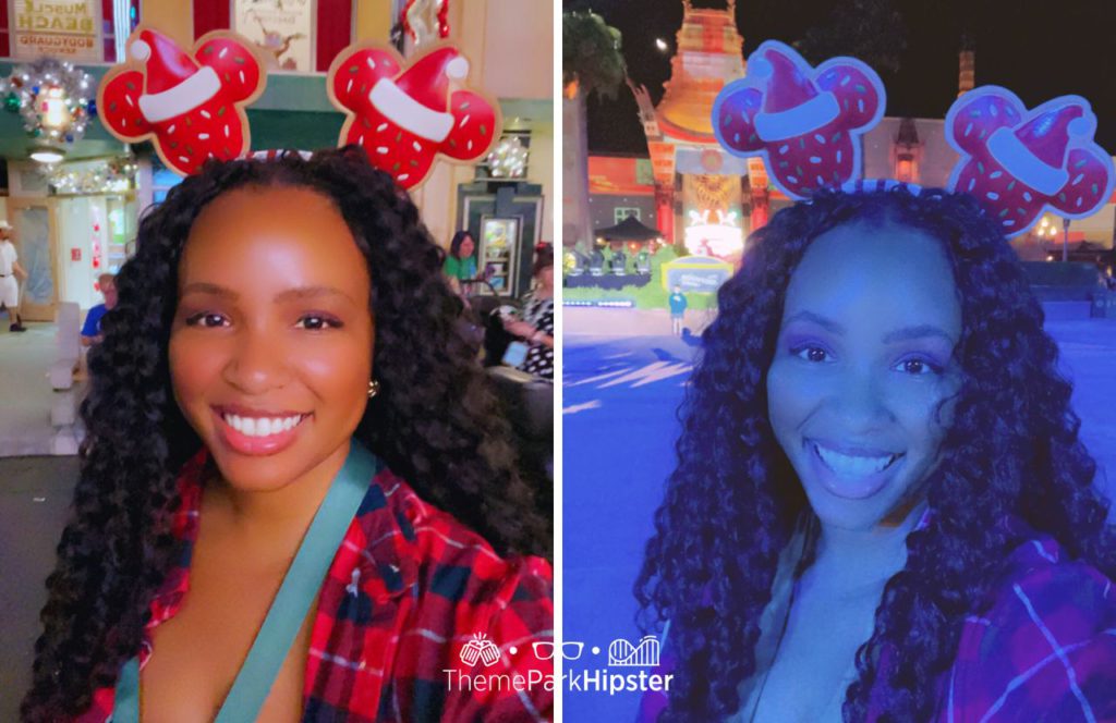 NikkyJ with Mickey Disney Christmas Ears at Jollywood Nights in Hollywood Studios. Keep reading to learn the difference between alone vs lonely and how to have the perfect solo Disney World trip.