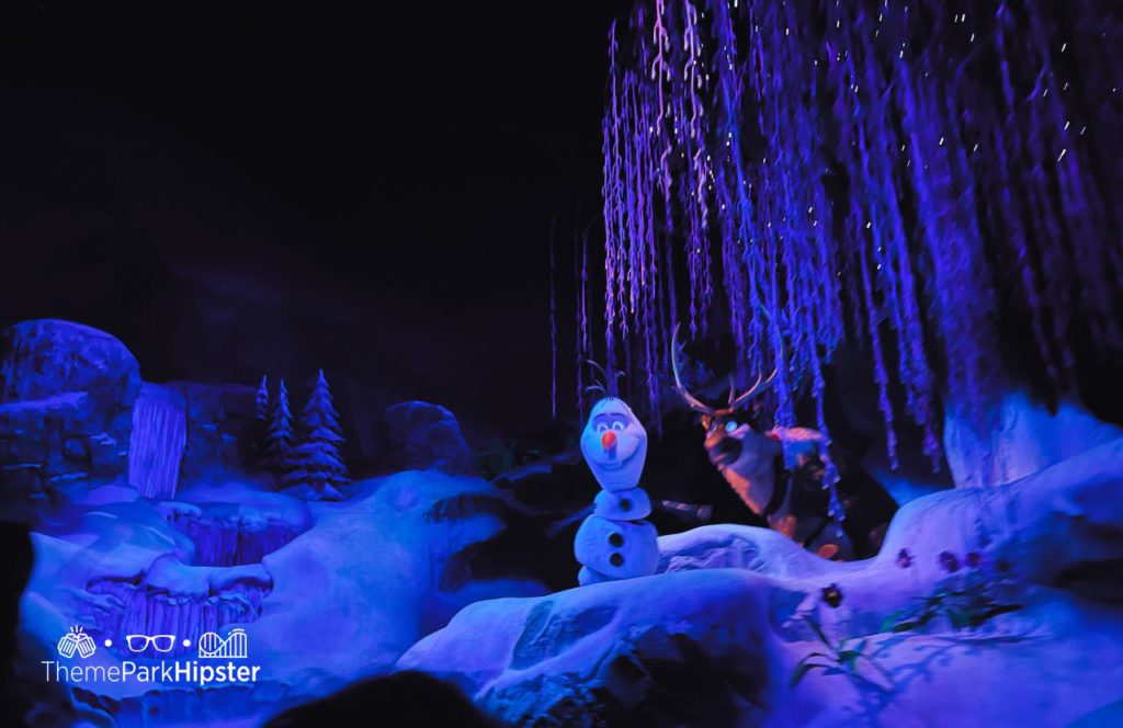 Olaf and Sven on Frozen Ever Ride at Epcot in Norway Pavilion Disney World.