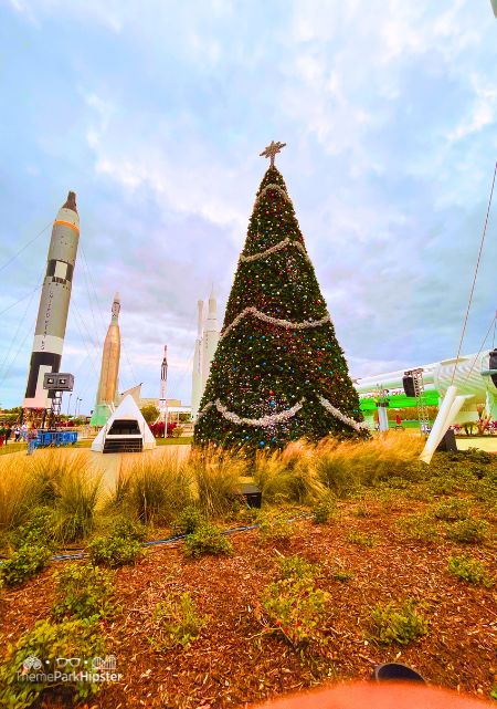 Rocket Garden with Christmas Tree Holidays in Space Christmas at Kennedy Space Center Florida on a Cloudy Day