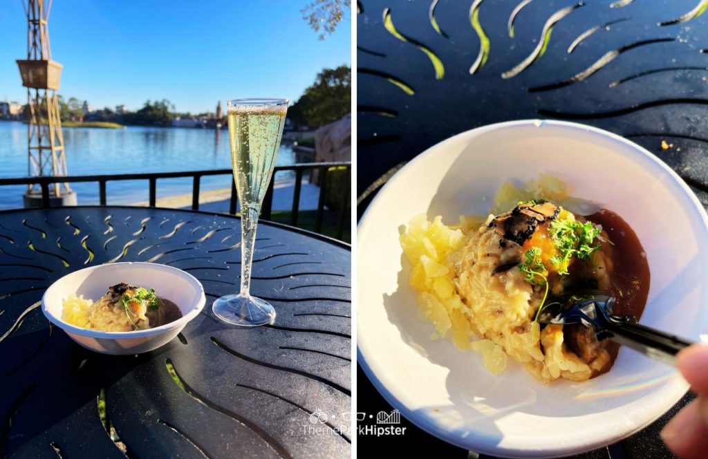 2024 Epcot Festival of the Arts Disney World Canada mushroom risotto and champagne. One of the best things to do at Disney World for Valentine's Day.