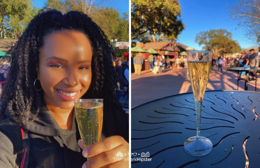 2024 Epcot Festival of the Arts Disney World Nikky in Canada Pavilion with Champagne Drink on a Solo Disney World Trip. Keep reading to learn the difference between alone vs lonely.