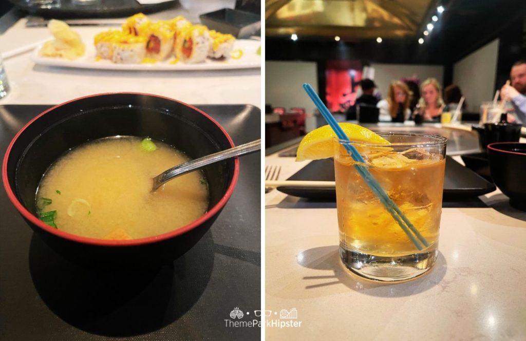 2024 Epcot Festival of the Arts Disney World Teppan Edo Hibachi in Japan Pavilion Miso Soup and Whiskey Sour. Making it one of the best restaurants at Disney World for adults!