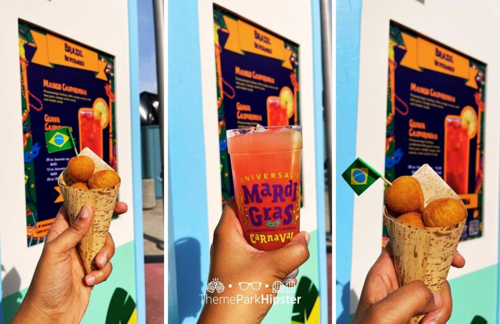 2024 Mardi Gras at Universal Studios Florida Brazil Mango Caipirinha Cocktail and Food Booth with Coxinha. One of the best things to eat at Universal Mardi Gras.