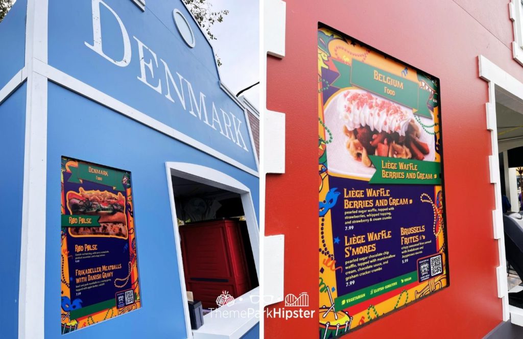 2024 Mardi Gras at Universal Studios Florida Denmark and Belgium Food Booth. One of the best things to eat at Universal Mardi Gras.