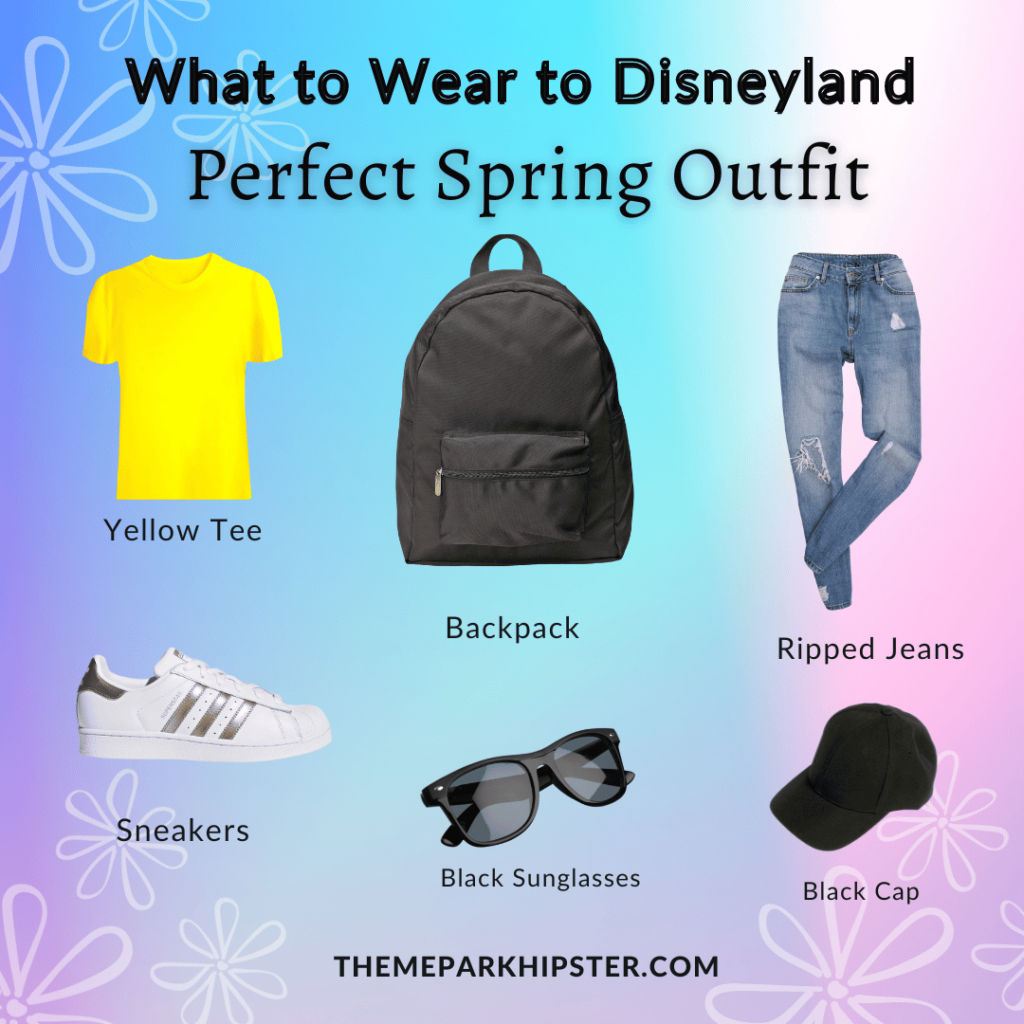 Main Disney Outfit What to Wear to Disneyland in May with yellow shirt, black backpack, jeans, white sneakers, black sunglasses and black hat.