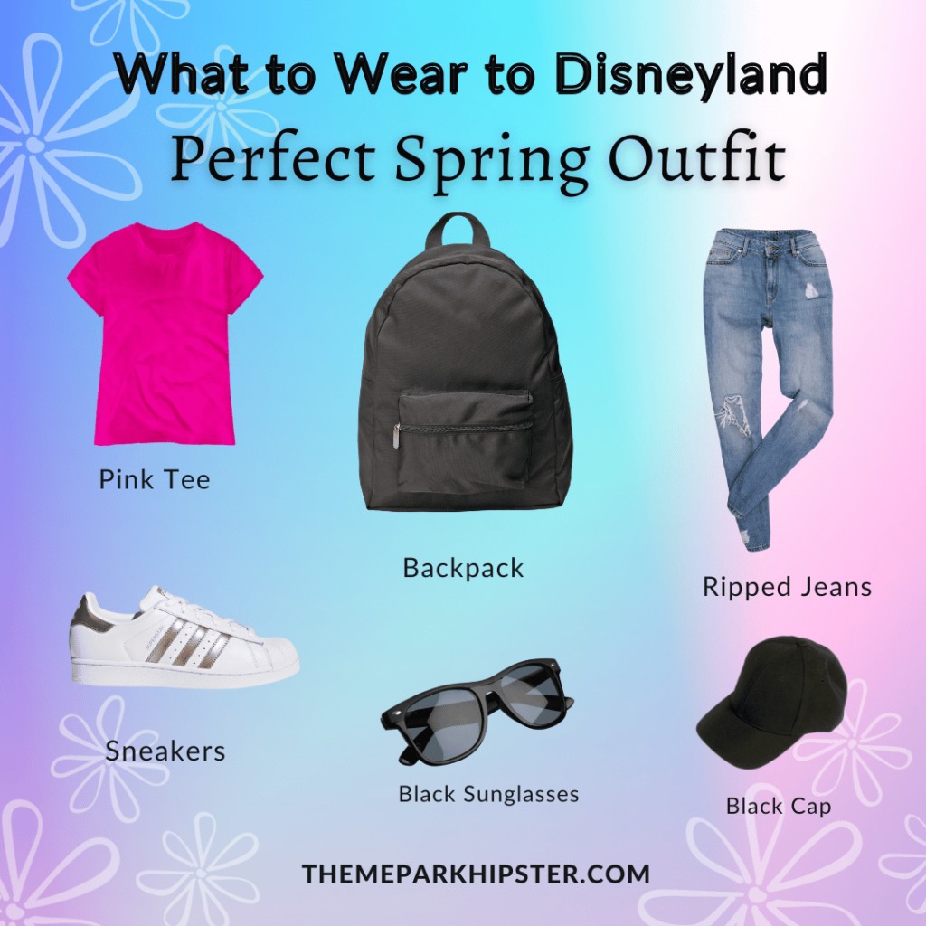 Main Disney Outfit What to Wear to Disneyland in March with pink shirt, black backpack, jeans, sneakers, black sunglasses and black hat.