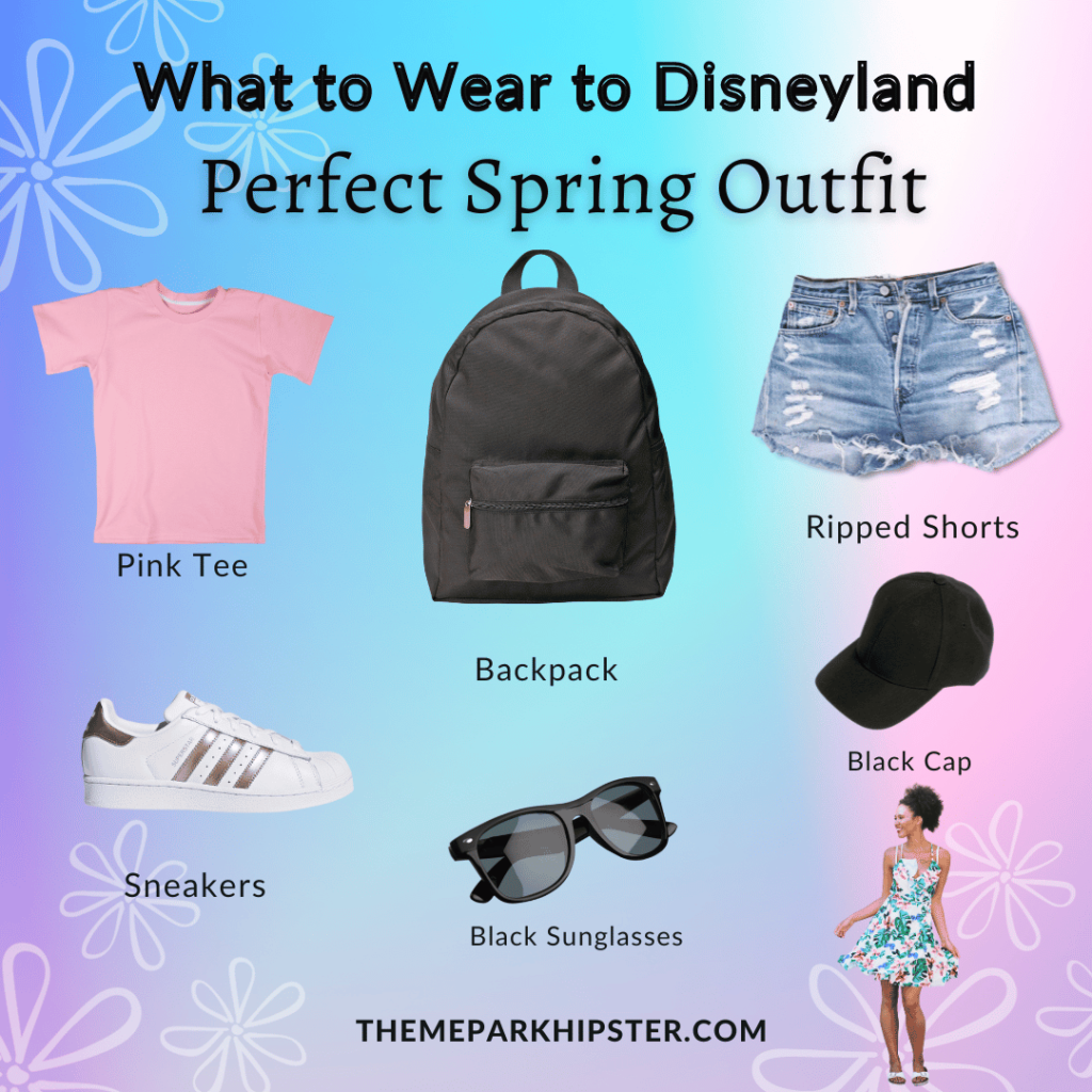 Main Disney Outfit What to Wear to Disneyland in May with pink shirt, black backpack, jean shorts, sneakers, black sunglasses, black hat and lady in sundress.