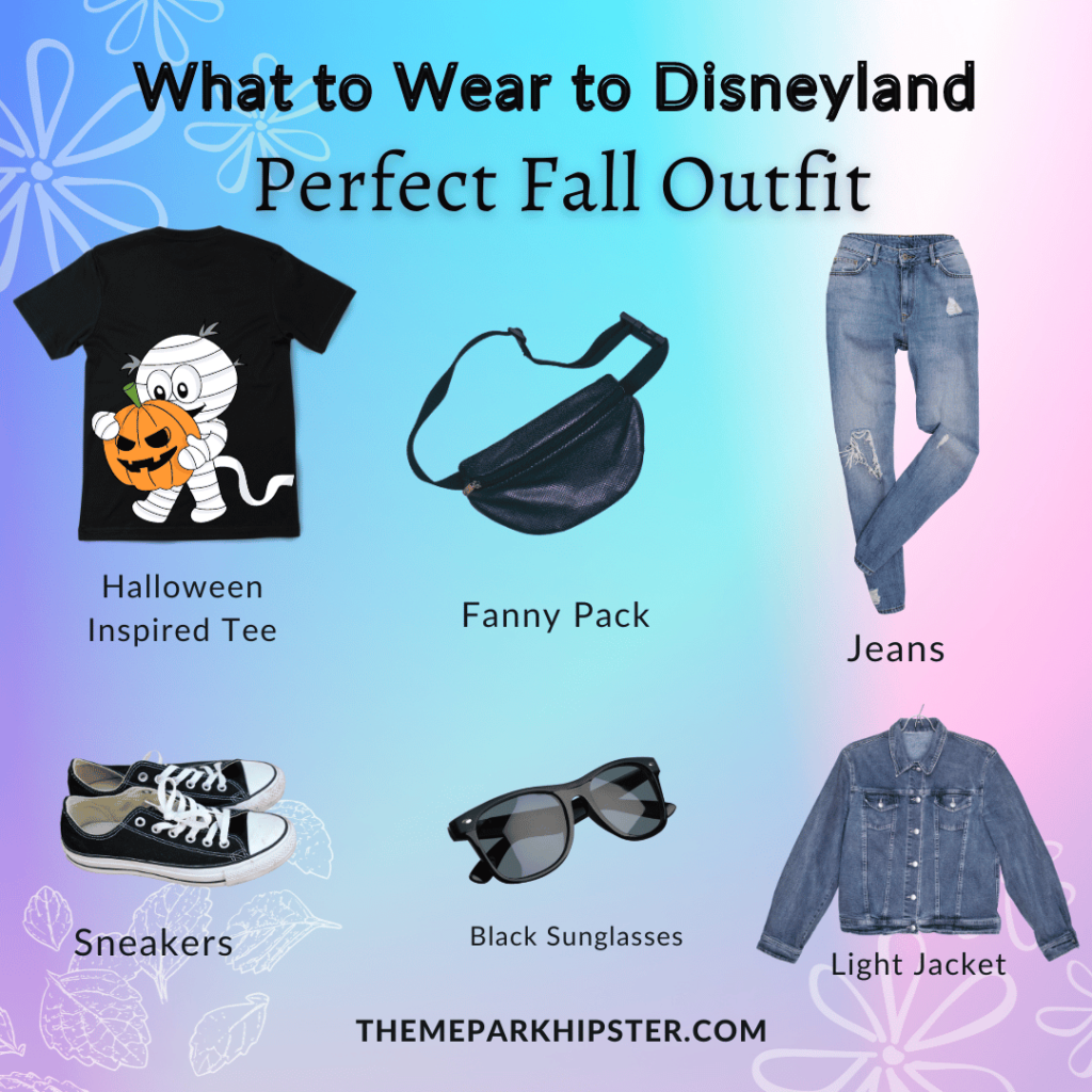 Main Disney Outfit What to Wear to Disneyland in October with black mummy shirt, black fanny pack, jean pants and jacket, black and white sneakers, and black sunglasses.