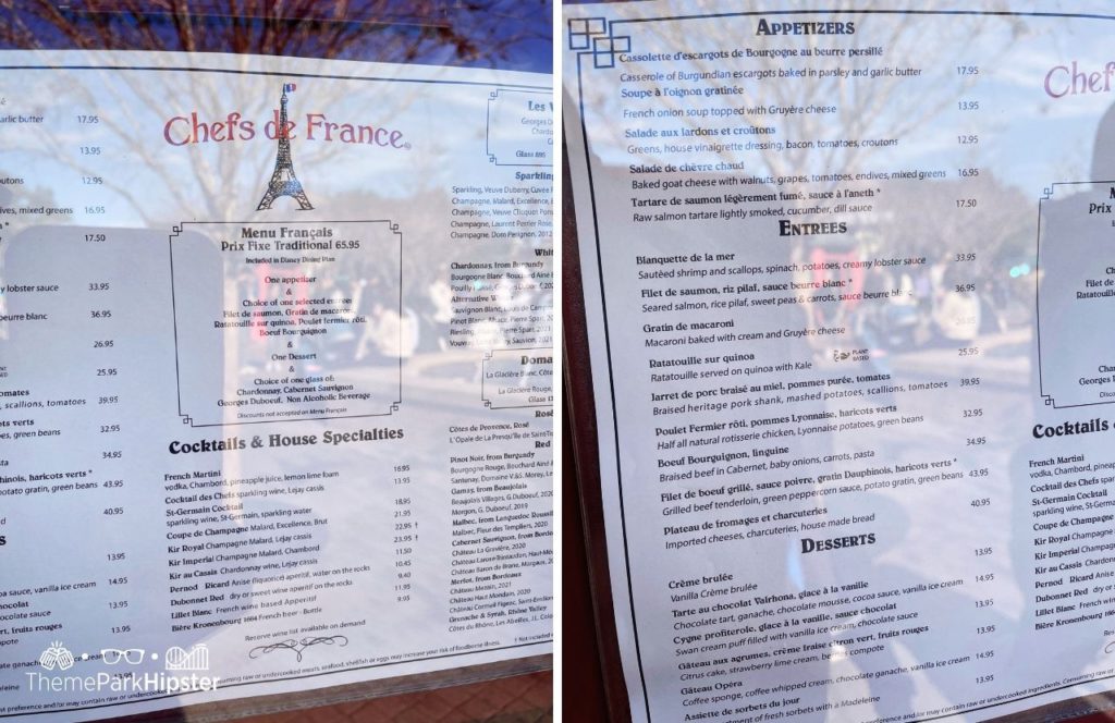 Epcot Theme Park Disney World France Pavilion Chefs de France Restaurant Menu