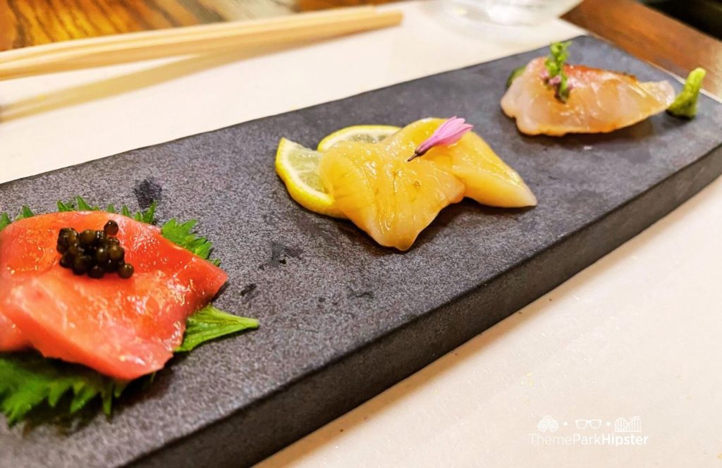 Epcot Theme Park in Disney Japan Pavilion Takumi Tei Seasonal Seafood dish with sashimi sushi