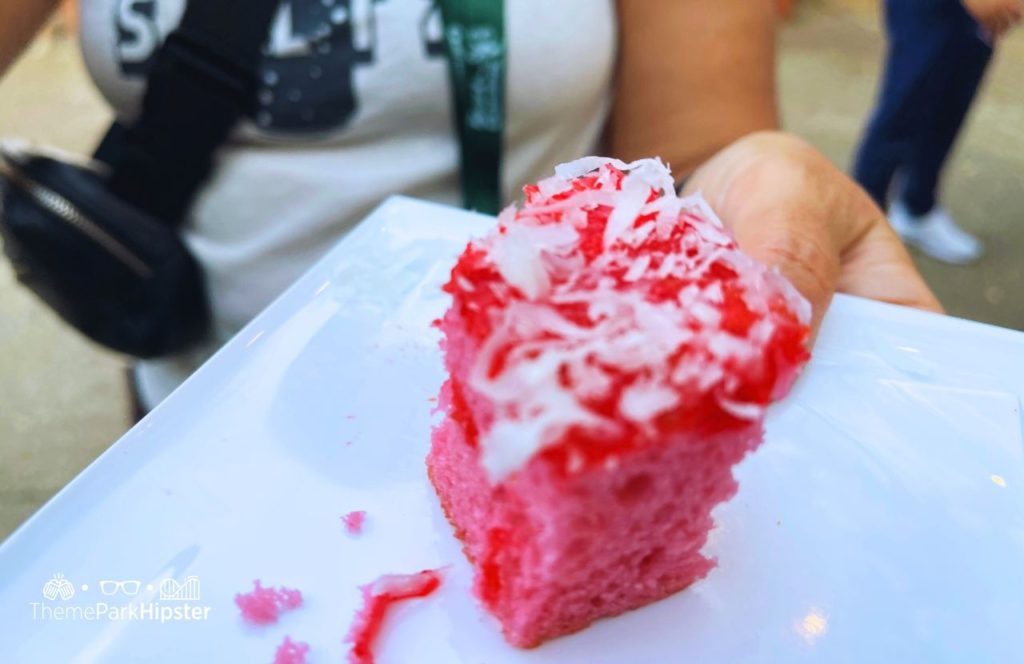 Busch Gardens Tampa 2024 Food and Wine Festival New Zealand Strawberry Lamington Cake. One of the best things to eat at Busch Gardens Food and Wine Festival.