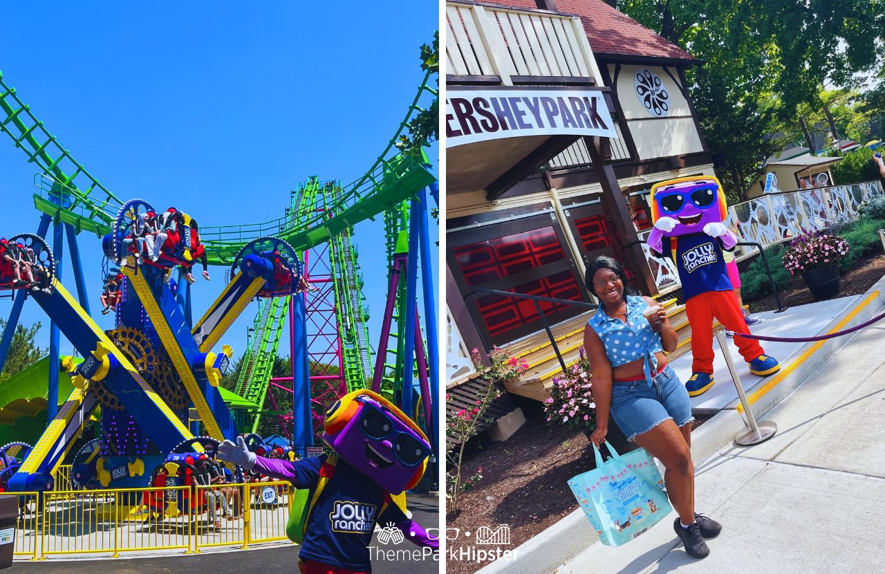 Hersheypark Jolly Rancher Character Meet and Greet in Front of Roller Coaster with Victoria Wade Full guide to the Fast Track Skip the Line Pass