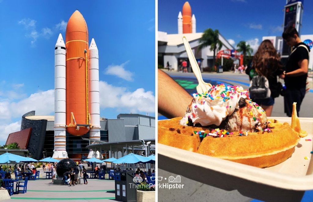 Kennedy Space Center Visitor Complex Florida Space Shuttle Atlantis with Waffle topped with ice cream and whipped cream