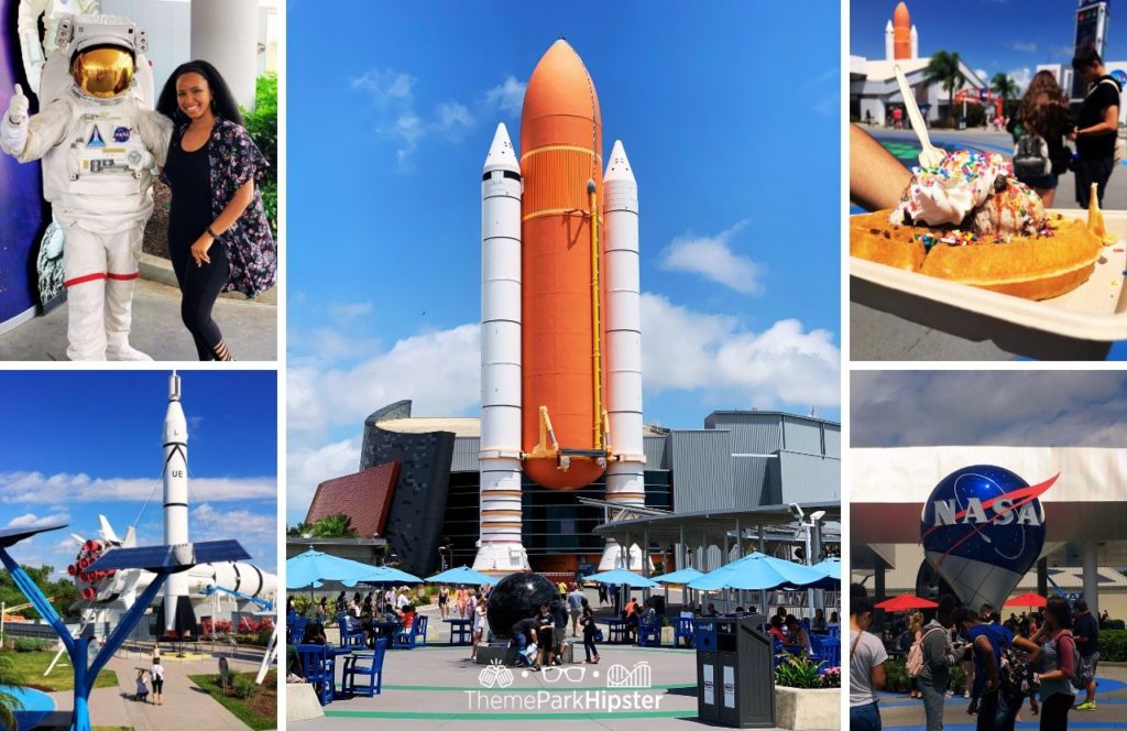 Kennedy Space Center Visitor Complex Florida with NikkyJ Space Shuttle Atlantis with Rocket Garden and Waffle topped ice cream