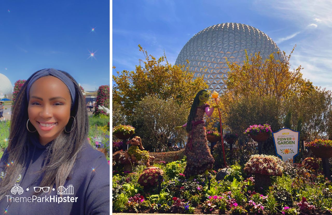 NikkyJ next to Wish Asha Topiary Epcot Flower and Garden Festival 2024 at Disney World