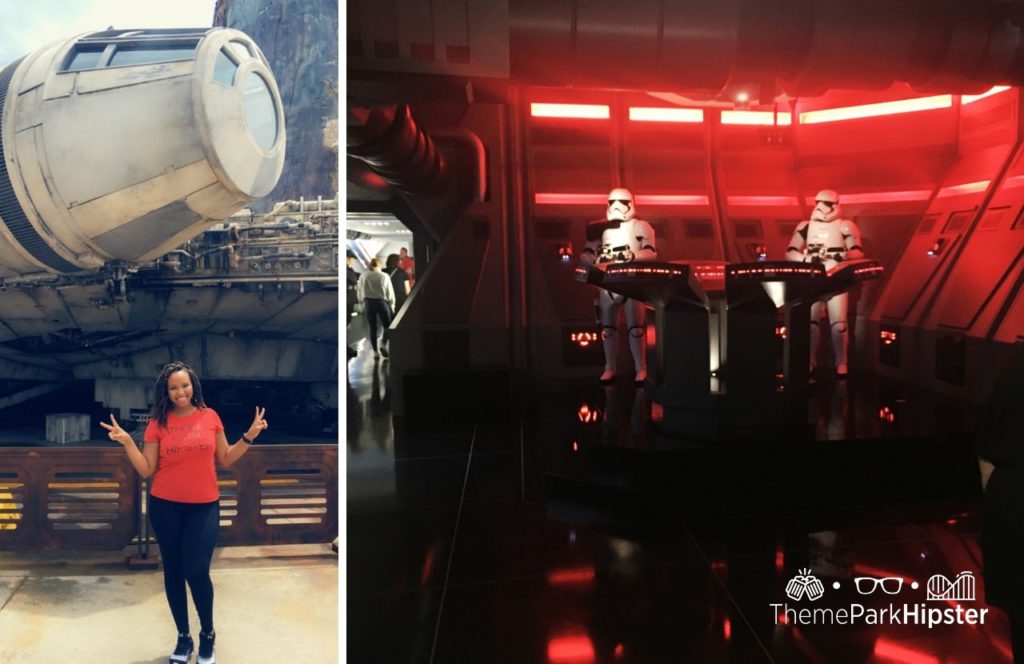 Disney Hollywood Studios Star Wars Galaxy's Edge NikkyJ in front of Millennium Force and Rise of Resistance with Storm Troopers