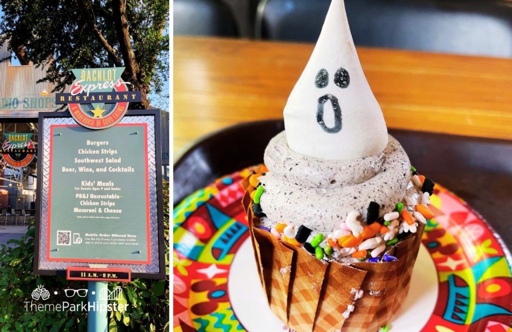 Disney Hollywood Studios Theme Park Backlot Express Restaurant menu with Halloween cupcake one of the best quick service counter service restaurants at hollywood studios.