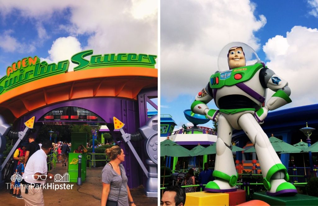 Disney Hollywood Studios Toy Story Land Alien Swirling Saucers and Buzz Lightyear. Keep reading for the best Hollywood Studios Itinerary and one day touring plan.