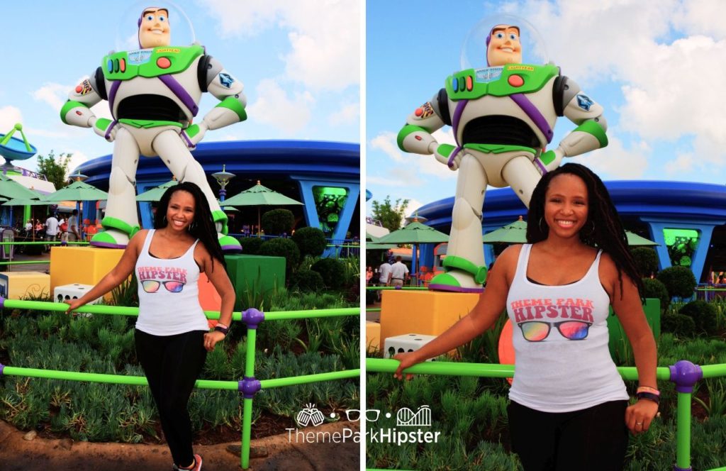 Disney Hollywood Studios Toy Story Land with NikkyJ in front of Buzz Lightyear. Keep reading to see why you must go to Hollywood Studios alone on your solo Disney trip.
