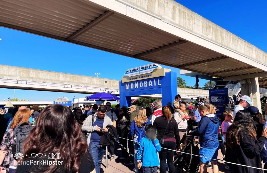 Disney Magic Kingdom Park Monorail transportation on crowded busy day