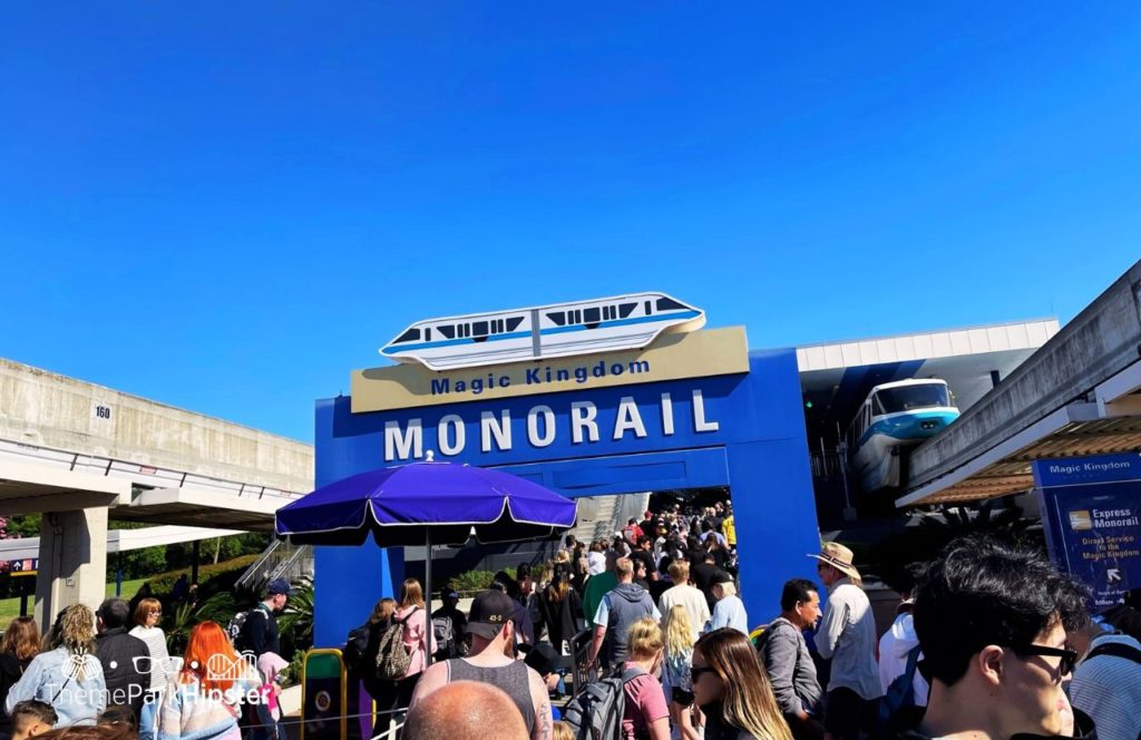 Disney Magic Kingdom Park Monorail route transportation on crowded busy day