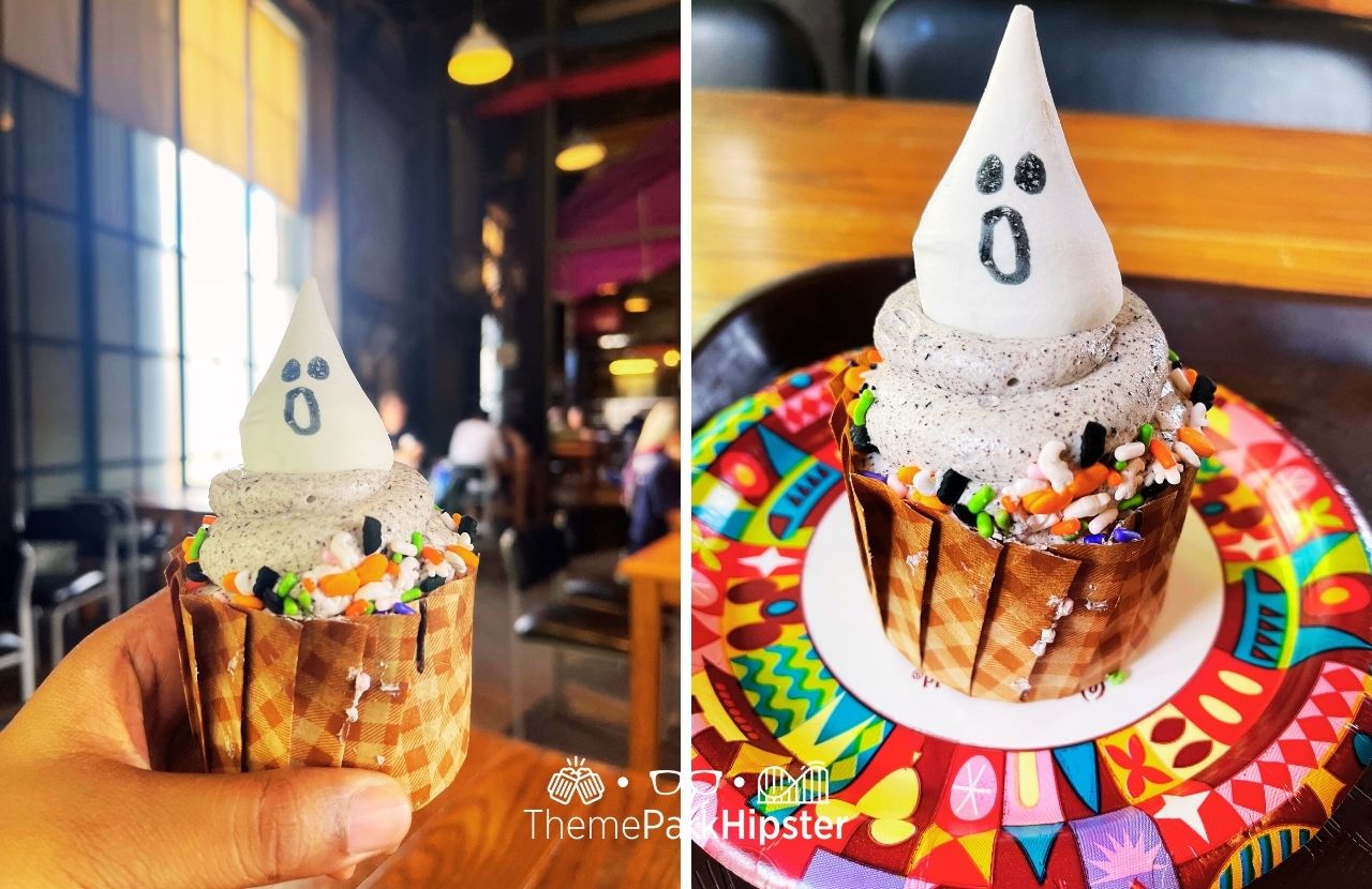 Disney World Hollywood Studios Backlot Express Restaurant Halloween Ghost Cupcake. One of the best restaurants at Hollywood Studios.