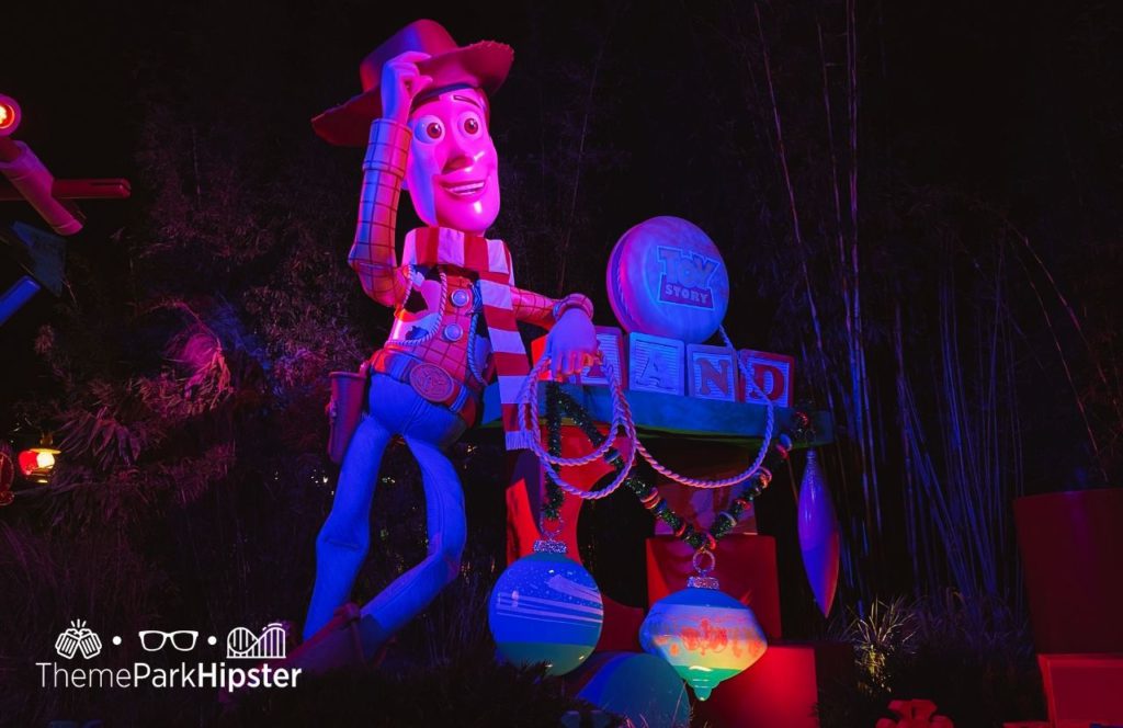 Disney World Hollywood Studios Toy Story Land entrance at Christmas with Woody