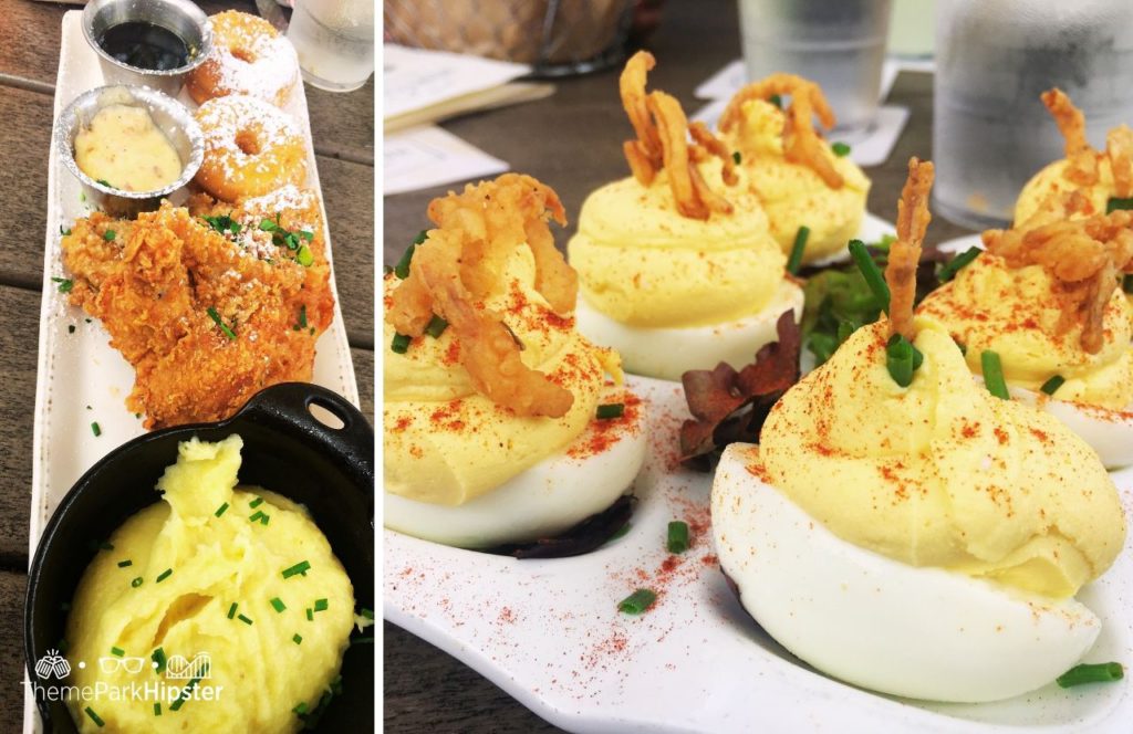 Walt Disney World Disney Springs Chef Art Smith's Homecomin Restaurant Mashed Potatoes with Fried Chicken and Doughnuts and Deviled Eggs. One of the best places to get breakfast at Disney World.