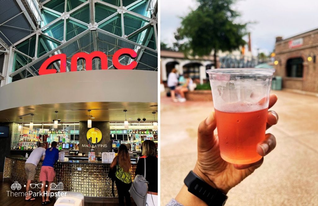 Walt Disney World Disney Springs Happy Hour with wine and AMC Theater. One of the best places to put on your Orlando bucket list!