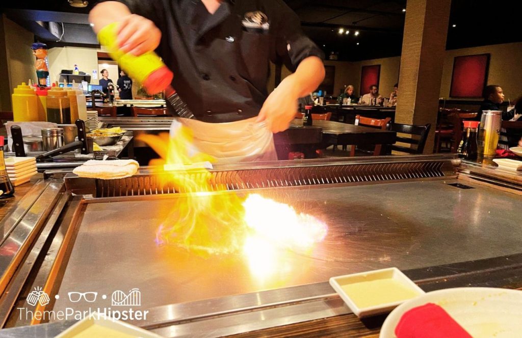 Cedar Point Ohio Hotel Breakers Tomo Hibachi Japanese Sushi and Steakhouse Restaurant Chef with Fire. One of the best hotels near Cedar Point.