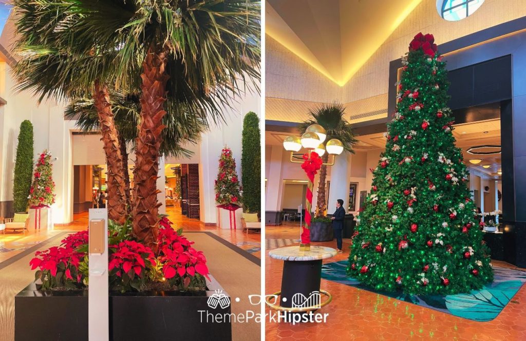 Christmas decor and trees in the Lobby at Swan and Dolphin Resort Hotel at Walt Disney World. Keep reading for the full guide to Swan and Dolphin Resort Hotel at Walt Disney World.