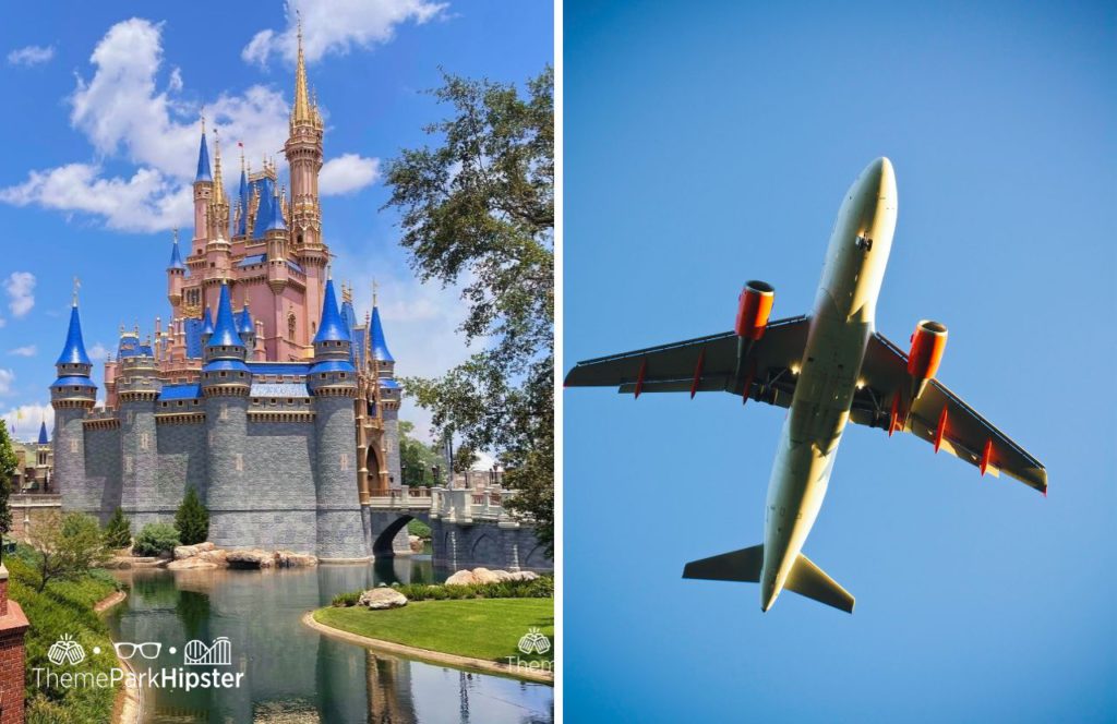 Cinderella Castle and Airplane in the air. One of the best ways to find cheap flights to Disney