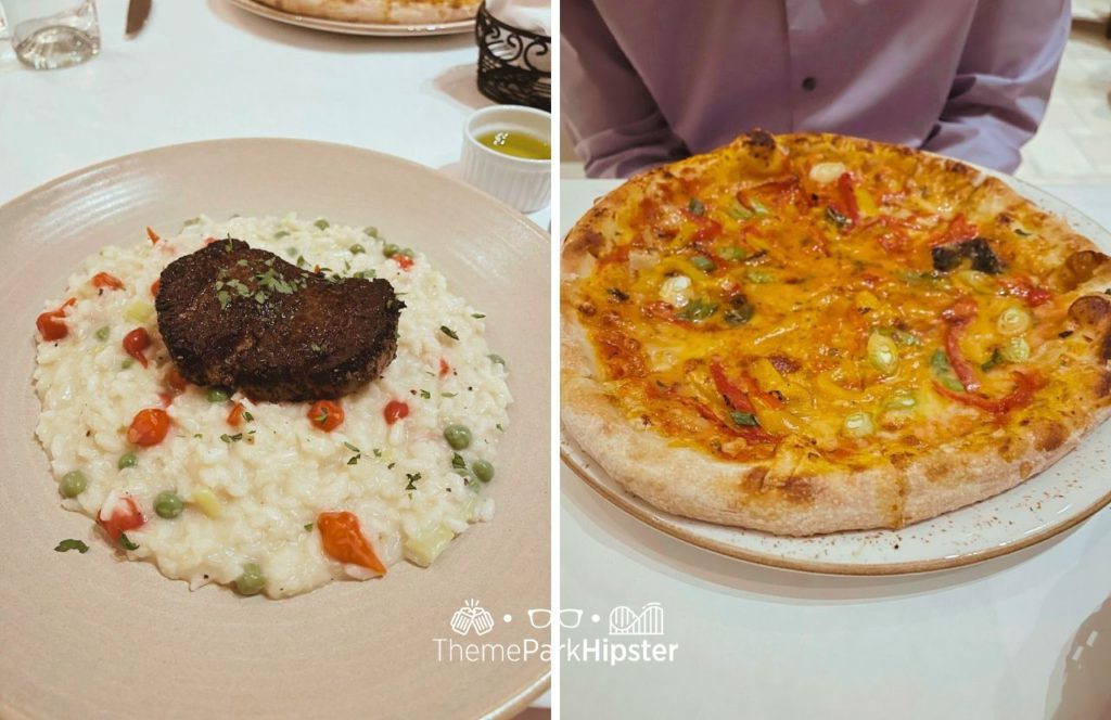Filet Mignon with Risotto and pizza La Luce Italian Restaurant Hilton Signia Hotel at Disney World. Keep reading for the full guide to Signia by Hilton Orlando Bonnet Creek.
