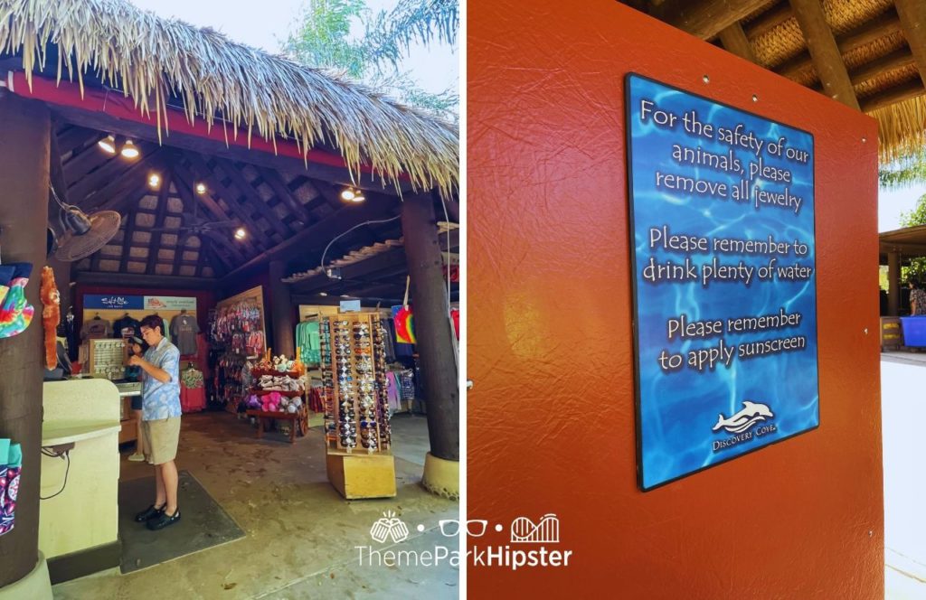 Gift Shop and Safety Sign Discovery Cove All Inclusive Water Park at SeaWorld Orlando. Keep reading to find out about Seaworld Orlando's Discovery Cove.