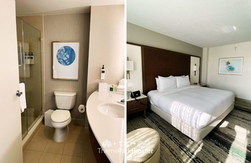King Bedroom and bathroom at Hilton Signia Hotel at Disney World. Keep reading to learn all you need to know about Signia by Hilton Orlando Bonnet Creek.