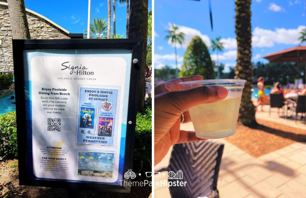 Movie Activity schedule in Bonnet Creek Pool with NikkyJ enjoying some white wine at Hilton Signia Hotel at Disney World. Keep reading to find out more about Hilton Signia Hotel at Disney World.