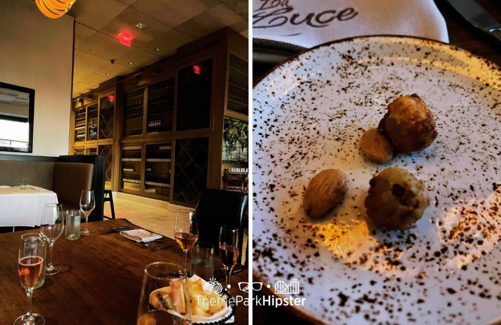 Rose and Fried Stuffed Olives at La Luce Italian Restaurant in Bonnet Creek Hilton Signia Hotel at Disney World. Keep reading for the full guide to Signia by Hilton Orlando Bonnet Creek.