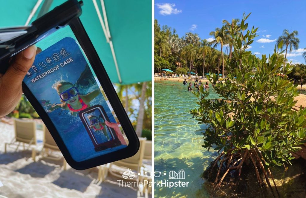 Waterproof Case next to lagoon Discovery Cove All Inclusive Water Park at SeaWorld Orlando. Keep reading to find out about Seaworld Orlando's Discovery Cove.