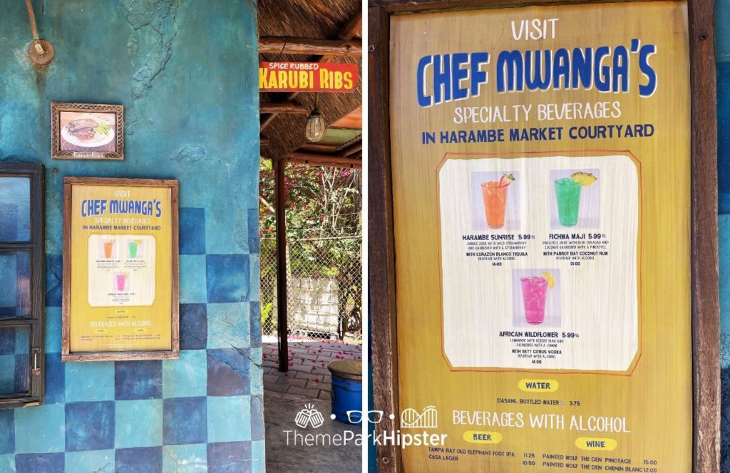 Africa Harambe Market Village Menu and Chef Mwanga's Sunrise, Wildflower and Fichwa Cocktail Drinks Disney Animal Kingdom Theme Park