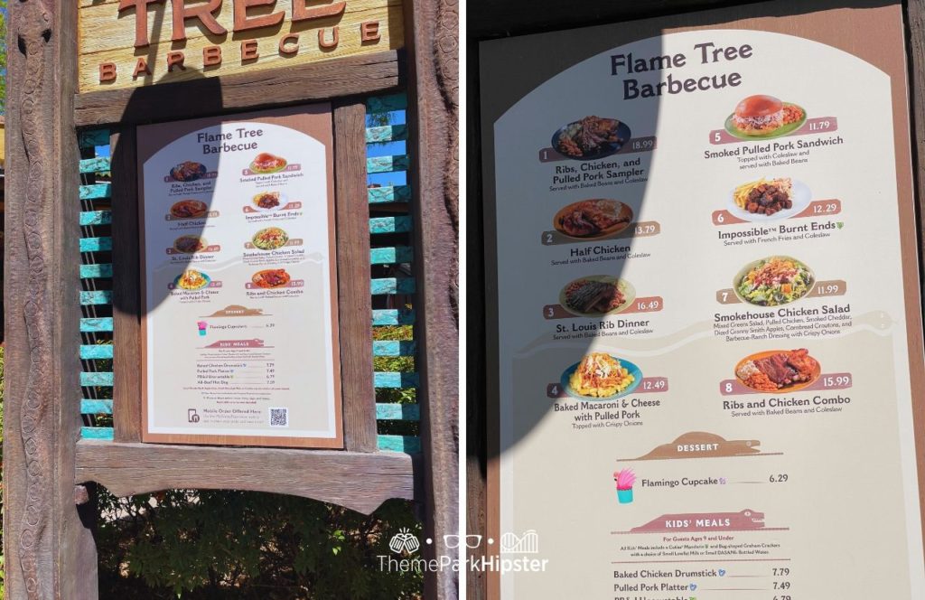 Discovery Island Flame Tree Barbecue menu Disney Animal Kingdom Theme Park. One of the best quick service and counter service restaurants at Animal Kingdom.