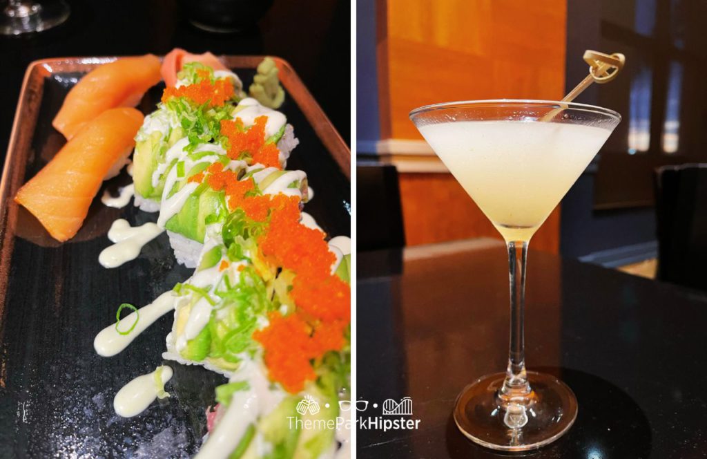Kimono Roll with Salmon Nigiri and Lychee Martini at Kimonos Japanese Sushi Restaurant at Disney's Swan and Dolphin Resort. One of the best sushi spots in Disney World.