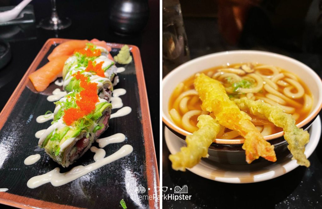 Kimono Roll with Salmon Nigiri and Udon Noodle Soup at Kimonos Japanese Sushi Restaurant at Disney's Swan and Dolphin Resort. One of the best sushi spots in Disney World.