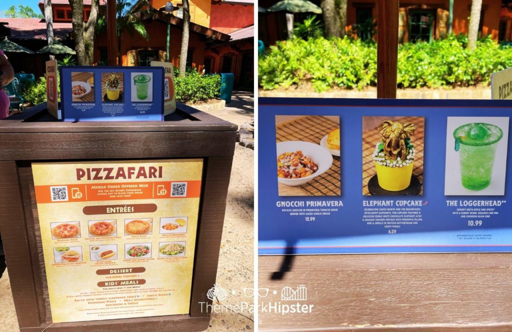 Pizzafari Gnocchi Primavera elephant cupcake and menu at Disney Animal Kingdom Theme Park. Keep reading for the full guide to Pizzafari at Disney World.