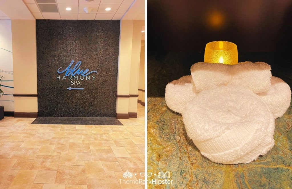 Blue Harmony Spa with Minnie Mouse Towel at Wyndham Grand Resort Orlando Bonnet Creek. One of the best spas at Disney World.