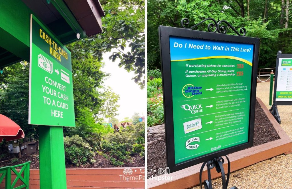 Cash to Card Kiosk with All Day Dining and Quick Queue Sign at Busch Gardens Williamsburg Virginia. Keep reading this full guide to find out everything you need to know about parking at BGW in Virginia.