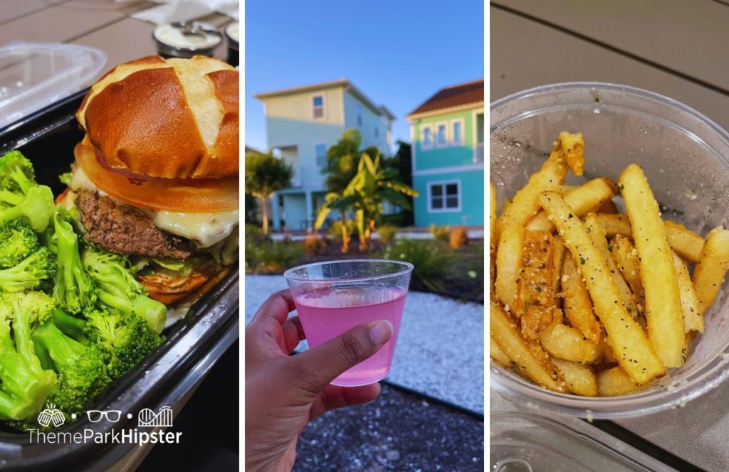 Ford's Garage Restaurant burger with fries, cosmo and broccoli at Margaritaville Resort Orlando Hotel. Keep reading to learn more about the best vacation best vacation ever at Margaritaville Resort Orlando near Disney World.