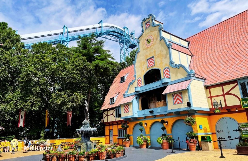 Germany Area with Alpengeist in the background at Busch Gardens Williamsburg Virginia. Keep reading to find out all you need to know about the Elite VIP Tour at Busch Gardens Williamsburg in Virginia.