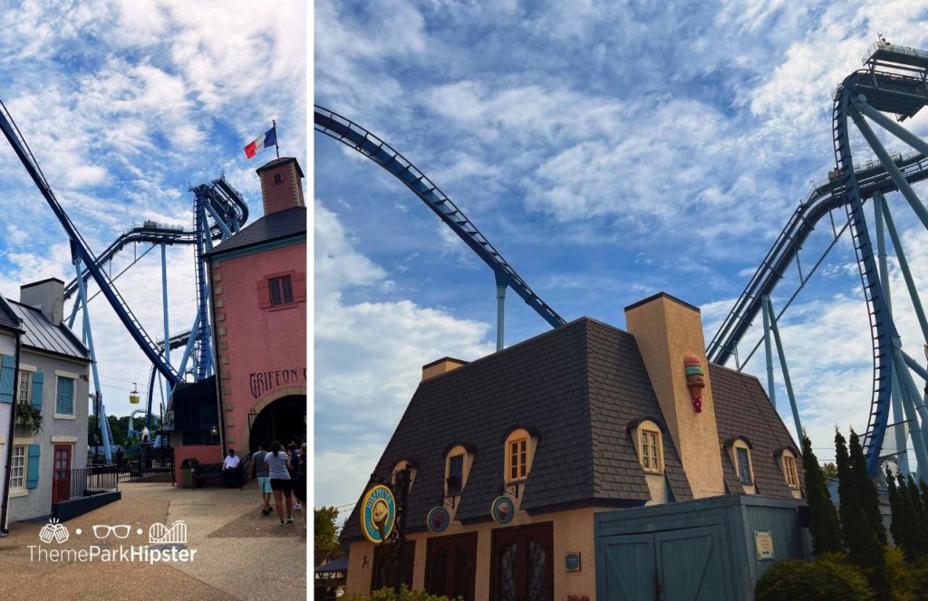 Griffon Roller Coaster and Ice Cream Shop Josephine's Creamery de Chocolate France Area at Busch Gardens Williamsburg Virginia. Keep reading to learn more about parking at Busch Gardens Williamsburg.