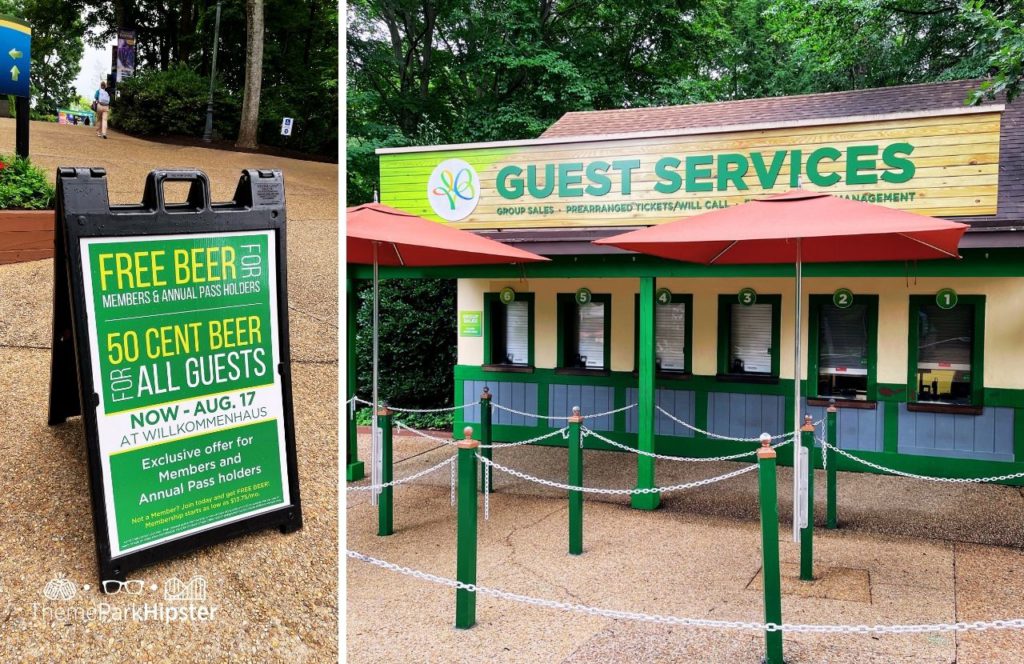 Guest Services and Annual Pass Member sign at Busch Gardens Williamsburg Virginia. Keep reading to learn more about the best tips for visiting Busch Gardens Williamsburg, Virginia.